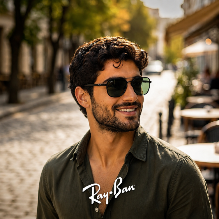 Ray-Ban Unisex მზის სათვალე ორმაგი ხიდითა და მწვანე ლინზებით
